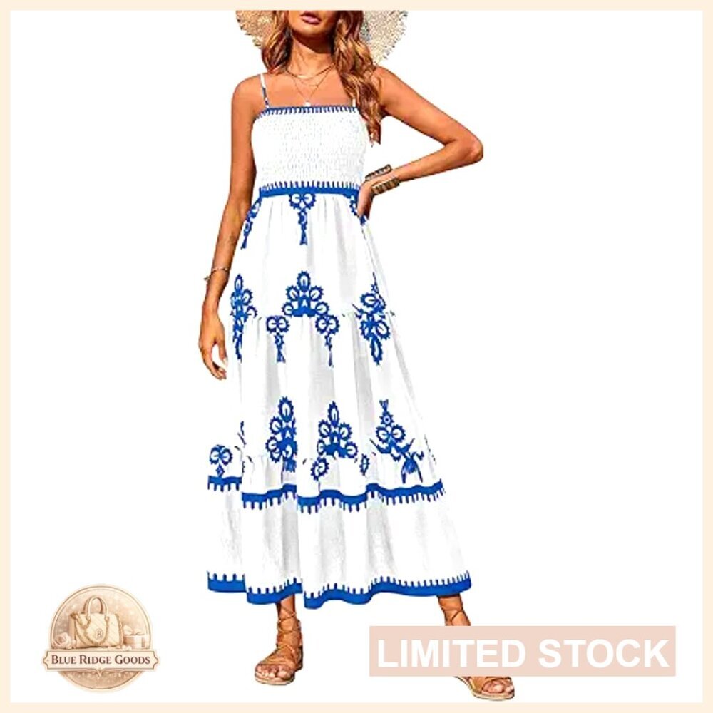 Boho Maxi Dress Tiered Smocked Spaghetti Strap Casual Beach Sundress Flowy